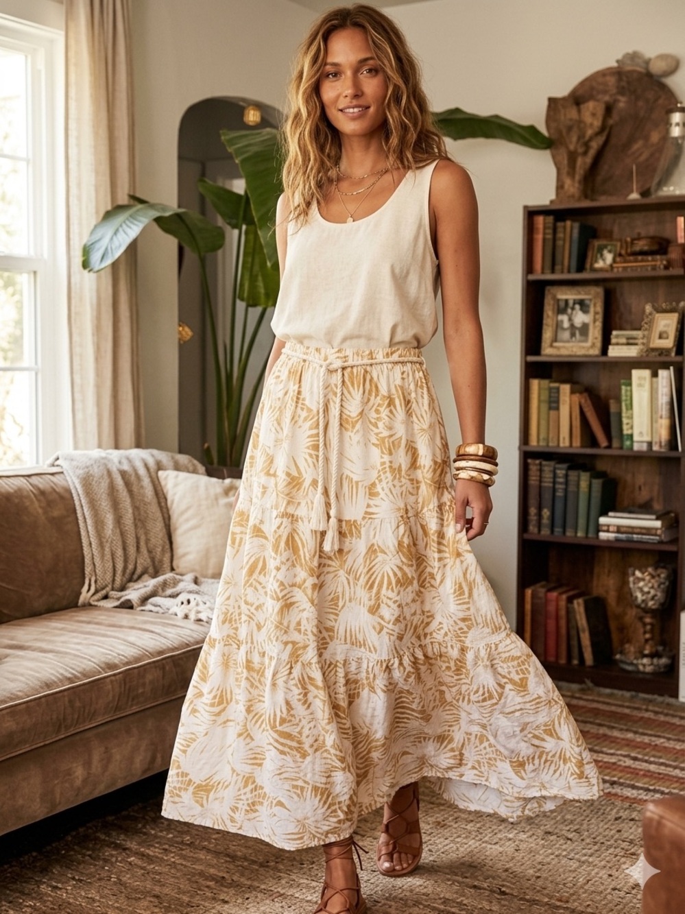 C&C California Tropical Print Linen Blend Tiered Maxi Skirt with Rope Belt